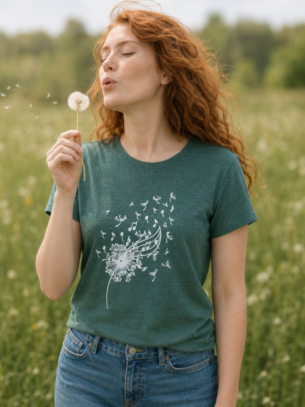 Music Note Dandelion Tee sz L Forest Green Whimsical Singer Shirt